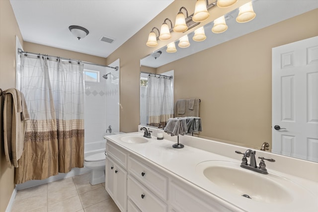 full bathroom with vanity, shower / tub combo, toilet, and tile patterned floors