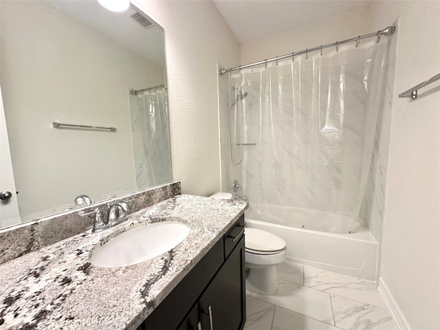 full bathroom with vanity, shower / bath combo, and toilet