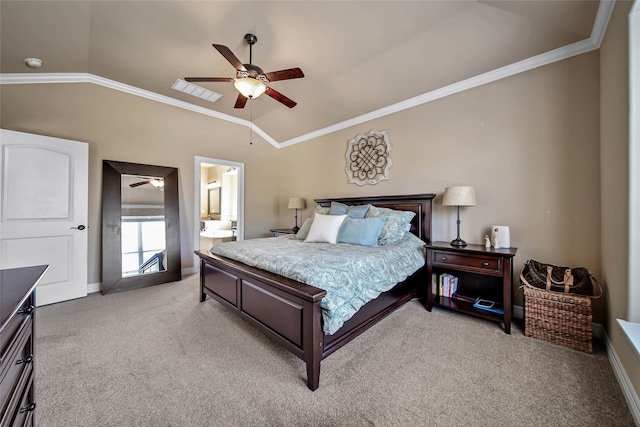 bedroom featuring connected bathroom, ceiling fan, light carpet, and lofted ceiling