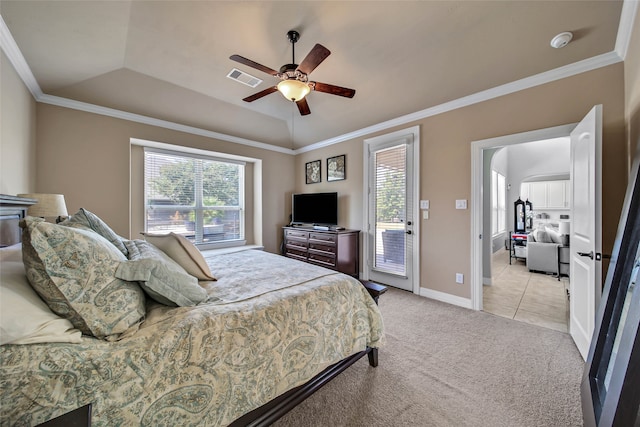 bedroom with access to exterior, light colored carpet, a raised ceiling, and ceiling fan