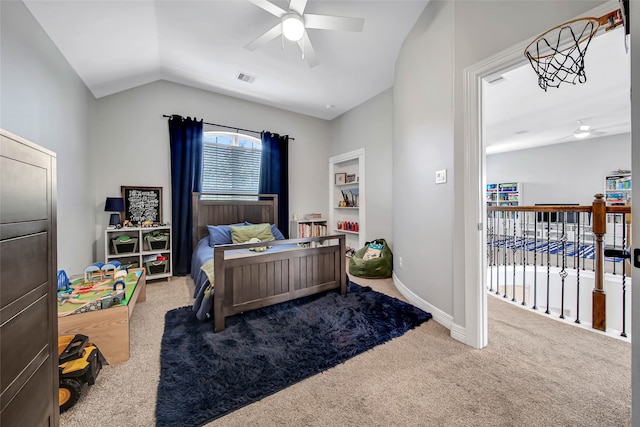 bedroom with carpet flooring, ceiling fan, and lofted ceiling