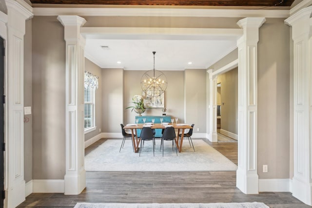 38134 Cascade Ct, Magnolia, TX 77354 - dining area with dark wood-style floors, recessed lighting, ornate columns, and ornamental molding