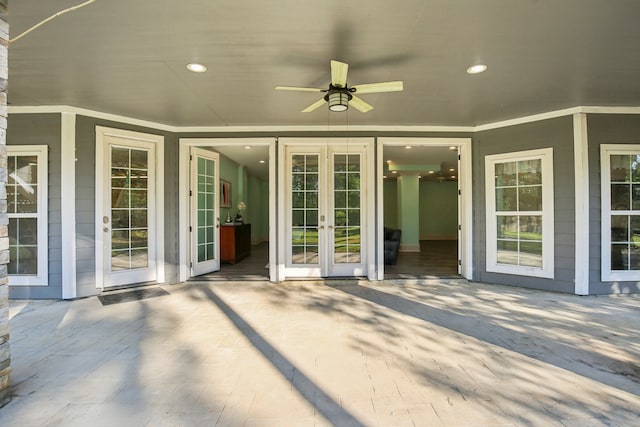 view of patio / terrace with ceiling fan and french doors