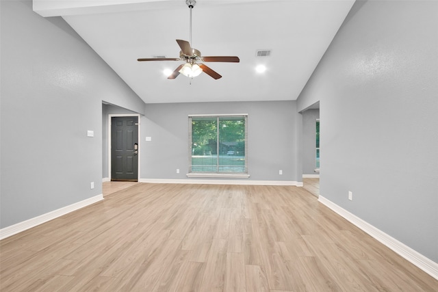 unfurnished living room featuring light wood-type flooring, high vaulted ceiling, and ceiling fan