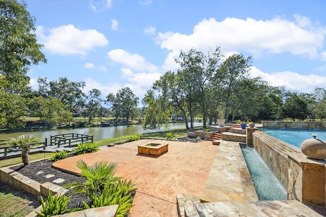 view of patio / terrace featuring a water view