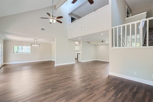 unfurnished living room with beam ceiling, high vaulted ceiling, dark wood-type flooring, and ceiling fan