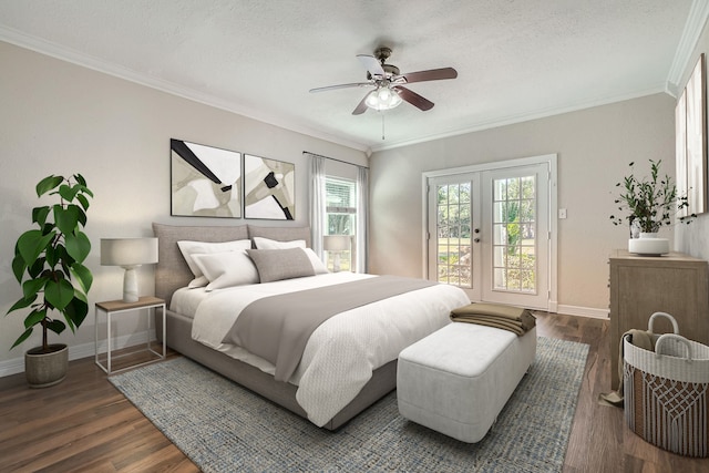 bedroom with french doors, access to exterior, ceiling fan, dark wood-type flooring, and ornamental molding