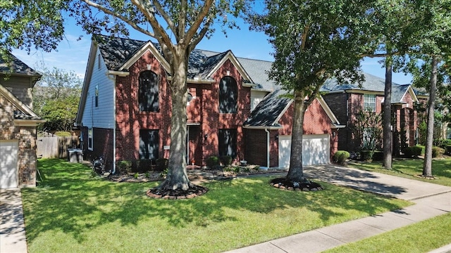 view of front of property featuring a front yard and a garage