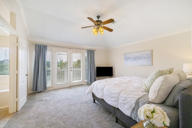 carpeted bedroom featuring ceiling fan, ornamental molding, lofted ceiling, and access to outside