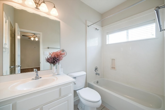 full bathroom with toilet, washtub / shower combination, vanity, and ceiling fan