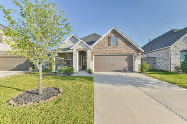 craftsman inspired home featuring a front yard and a garage