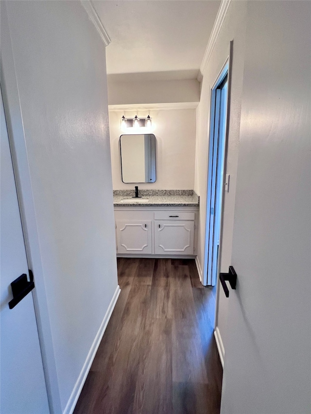 bathroom featuring vanity, crown molding, and wood-type flooring