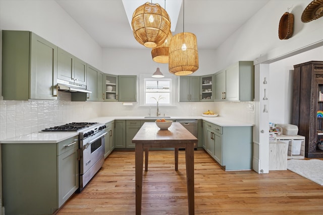 kitchen with hanging light fixtures, stainless steel appliances, sink, light hardwood / wood-style floors, and tasteful backsplash