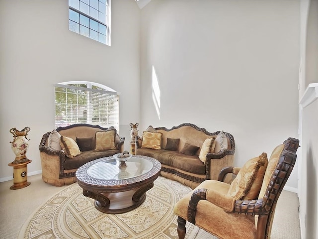 carpeted living room with a high ceiling