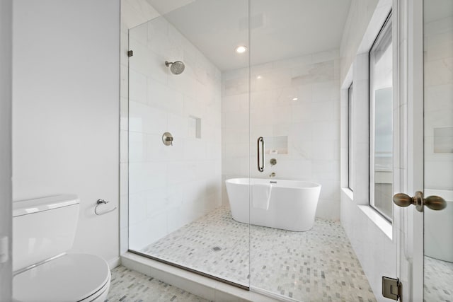 bathroom featuring toilet, tile walls, and independent shower and bath