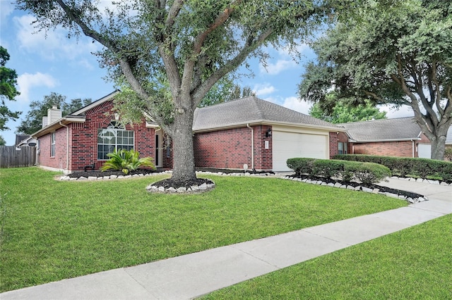 ranch-style house featuring a front yard and a garage