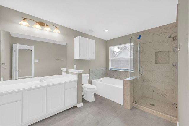 full bathroom featuring vanity, toilet, tile patterned floors, and plus walk in shower