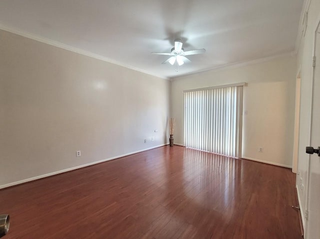 unfurnished room with dark wood-type flooring, ceiling fan, and ornamental molding