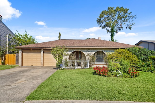 ranch-style home with a front yard and a garage