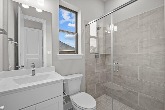 bathroom with vanity, toilet, and a shower with shower door