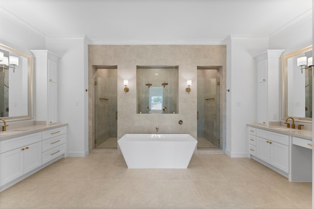 bathroom featuring vanity, plus walk in shower, and ornamental molding