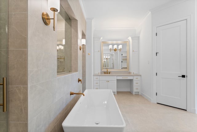 bathroom featuring vanity, ornamental molding, a chandelier, and a shower