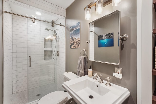 bathroom with sink, a shower with shower door, and toilet