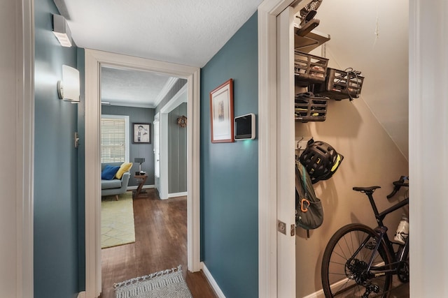 corridor featuring crown molding, dark hardwood / wood-style floors, and a textured ceiling