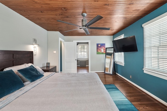 unfurnished bedroom with dark wood-type flooring, wooden ceiling, and ceiling fan