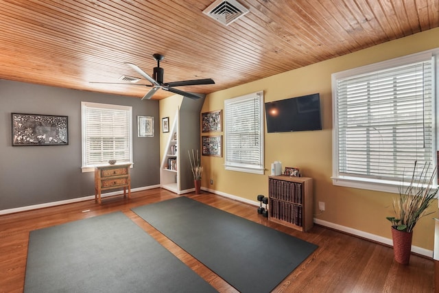 exercise room featuring dark wood-type flooring, wood ceiling, a healthy amount of sunlight, and ceiling fan