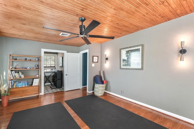 workout area with ceiling fan, dark wood-type flooring, and wood ceiling