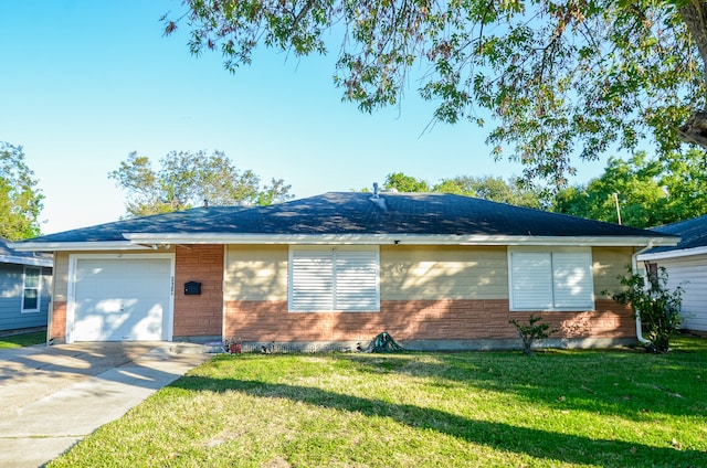 ranch-style house with a front yard and a garage