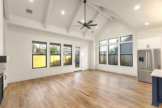 unfurnished living room featuring beam ceiling, high vaulted ceiling, light wood-type flooring, and ceiling fan