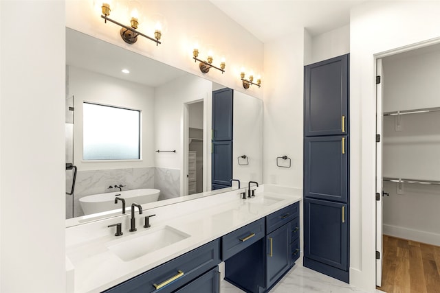 bathroom with vanity, wood-type flooring, and a bathing tub