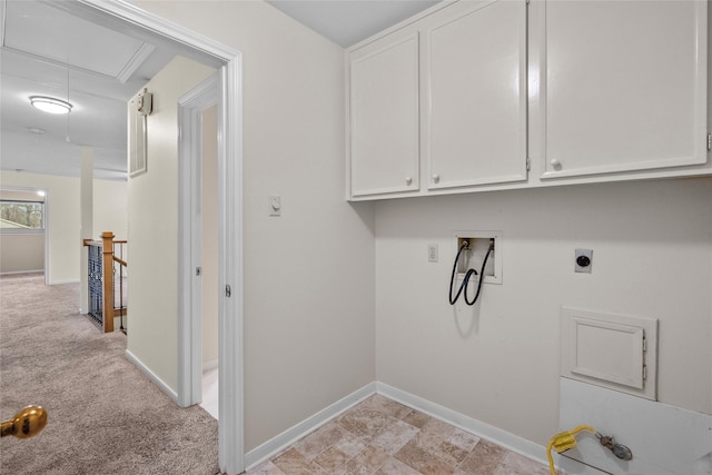 washroom with light carpet, hookup for a washing machine, cabinets, and hookup for an electric dryer