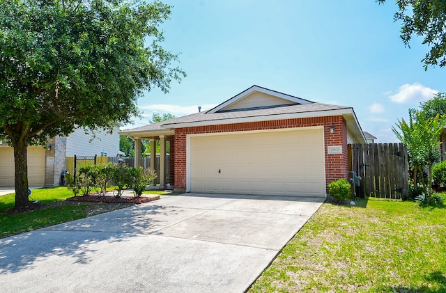 ranch-style house featuring a front lawn and a garage