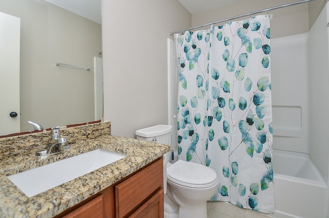 full bathroom featuring shower / bath combination with curtain, toilet, tile patterned flooring, and vanity