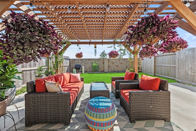 view of patio / terrace featuring an outdoor living space and a pergola