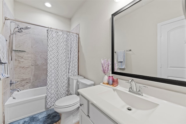 full bathroom with toilet, vanity, and shower / bath combination with curtain