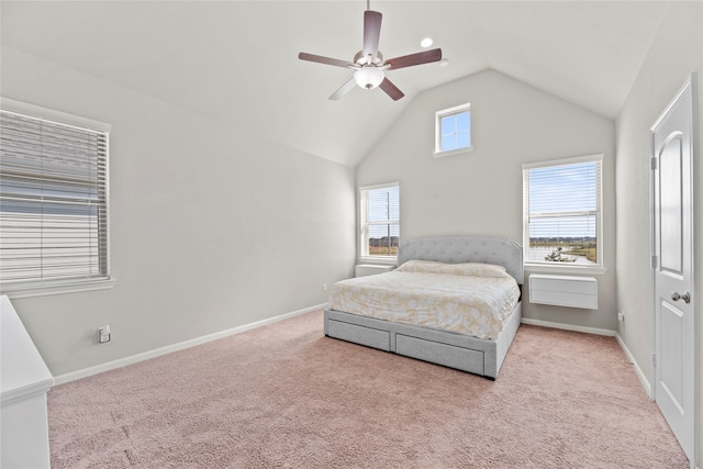 bedroom with ceiling fan, lofted ceiling, and light colored carpet