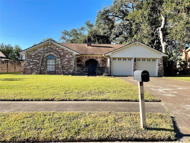 single story home featuring a garage and a front lawn