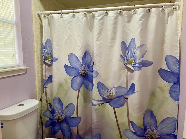 bathroom featuring toilet, a wealth of natural light, and curtained shower