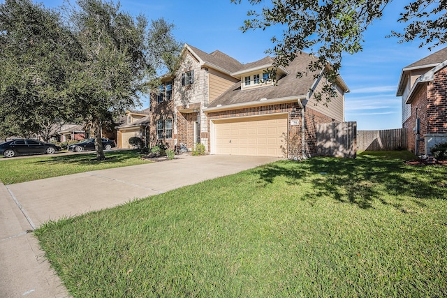 view of property featuring a garage and a front yard