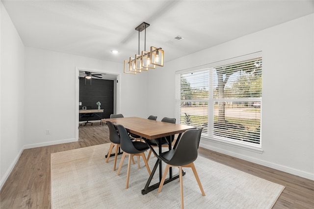 dining area with ceiling fan and hardwood / wood-style flooring