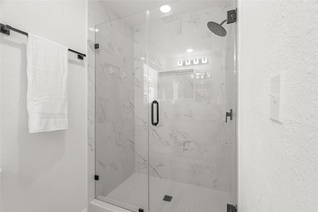 bathroom featuring a shower with shower door