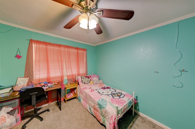 carpeted bedroom with crown molding and ceiling fan