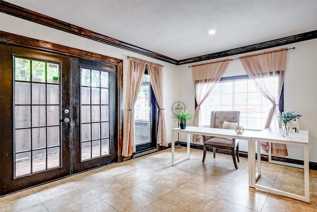 tiled office space with ornamental molding and french doors