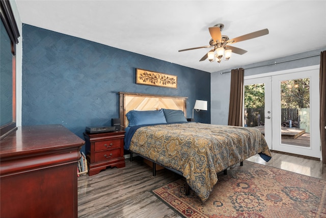 bedroom featuring french doors, ceiling fan, access to exterior, and hardwood / wood-style floors