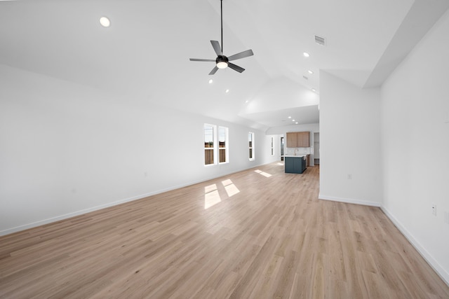 unfurnished living room with ceiling fan, high vaulted ceiling, and light hardwood / wood-style floors