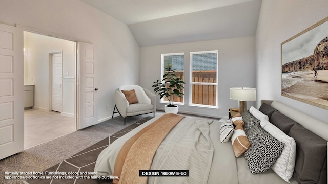 carpeted bedroom featuring vaulted ceiling